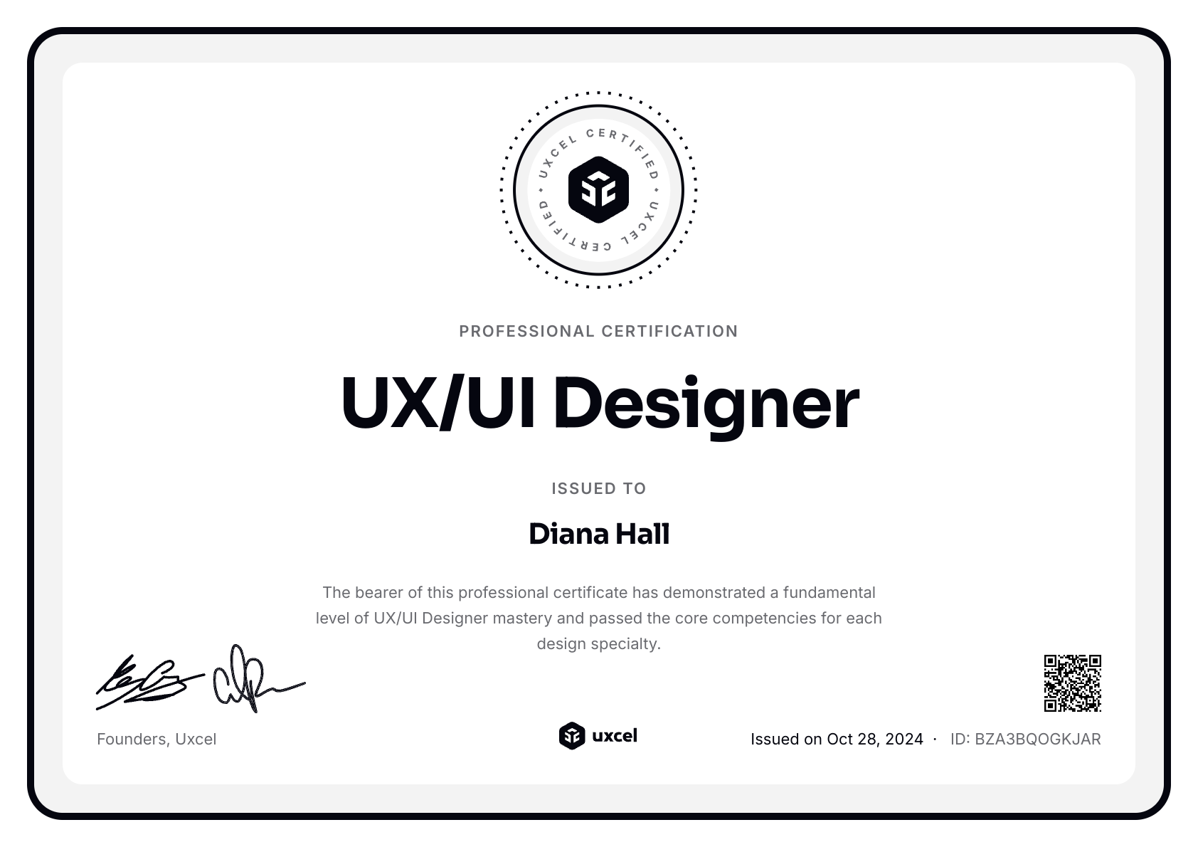 Diana Hall's certificate